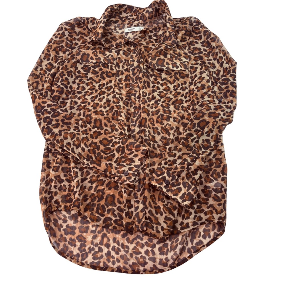 Old‎ Navy Womens Leopard Print Chiffon Button Down Shirt Brown Large Long Sleeve
